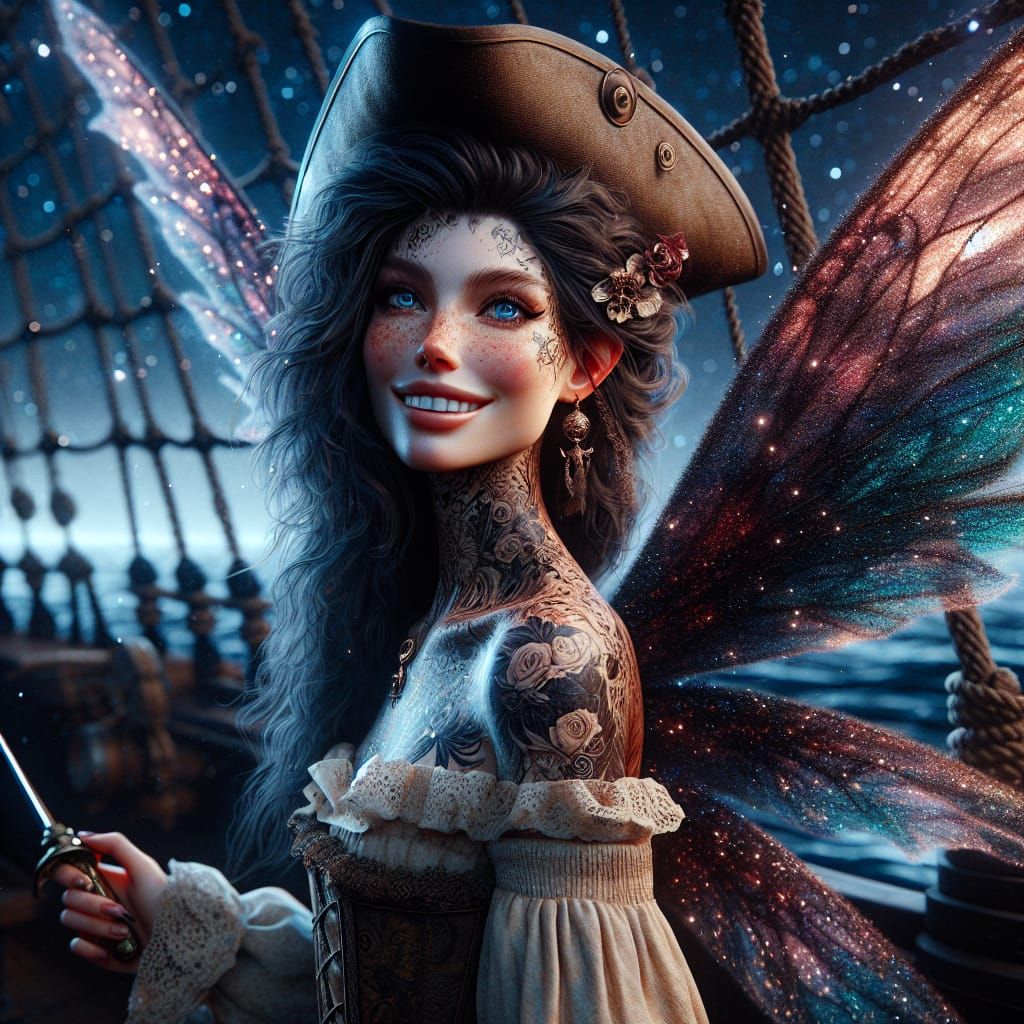 Pirate Fairy With Tattoos on Ship Deck