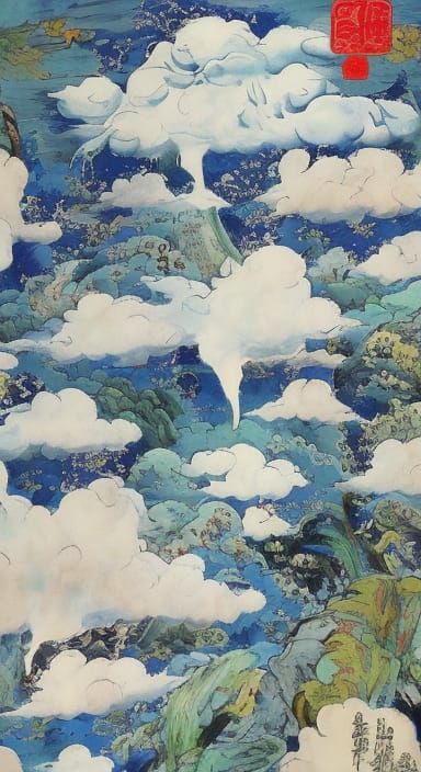 Ornate Porcelain Dragon Soaring Through Clouds