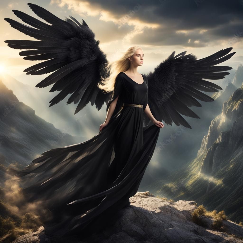 Blonde Angel in Black Soaring Over Mountain