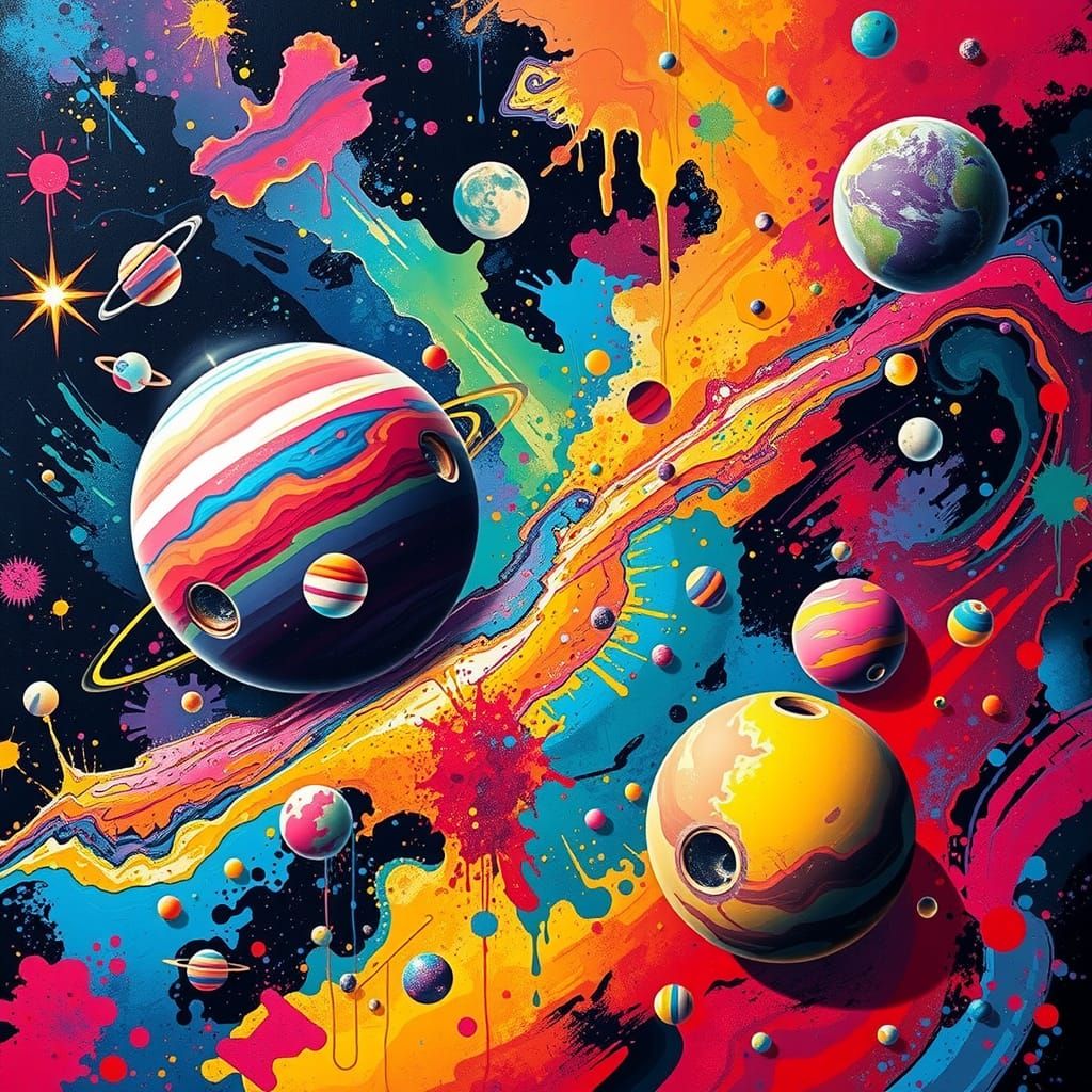 Colorful Galaxy with Unusual Planets as Graffiti Art