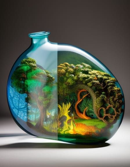 Mythical Sculptures in Glass Bottle: Photorealistic Gouache ...
