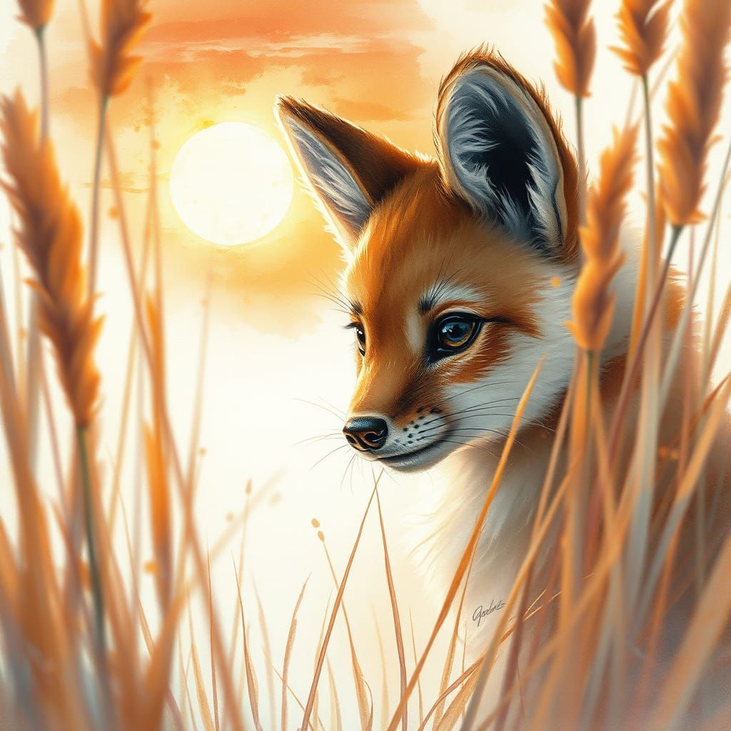 Amber Sunset Over Grass with Painterly Animal