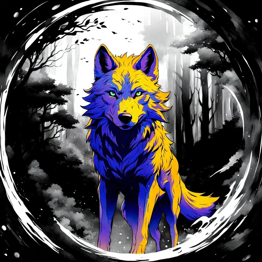 Colorful Wolf Time Portal in Anime Style