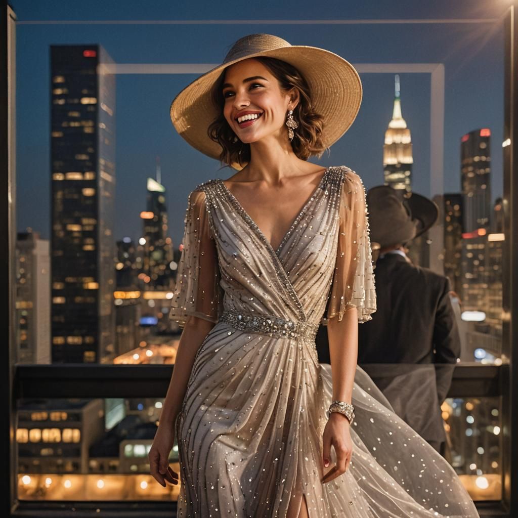 Elegant Woman at Rooftop Party, Sharp Focus Portrait
