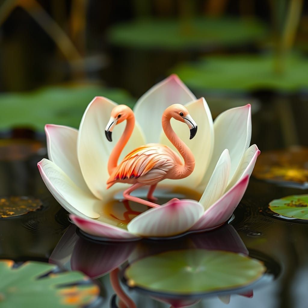 Miniature Flamingo in Lotus Flower Blooms on Serene Marsh