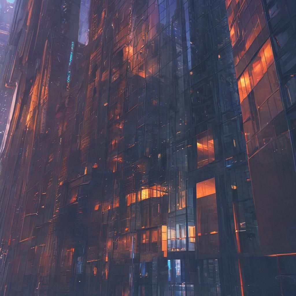 Futuristic Neon Metropolis: Glass Skyscrapers at Golden Hour