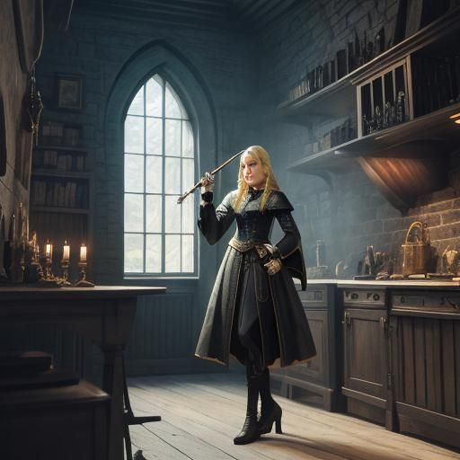 Young Witch in Medieval Lair with Magic Wand