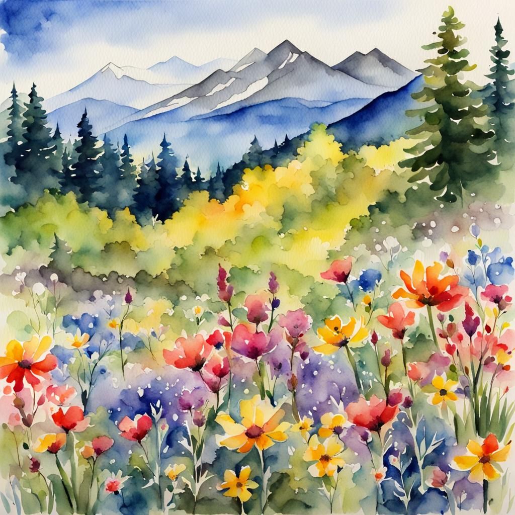 Watercolor Mountain Landscape with Wildflowers