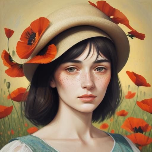 Fauvist Portrait of Lady with Poppy Hat