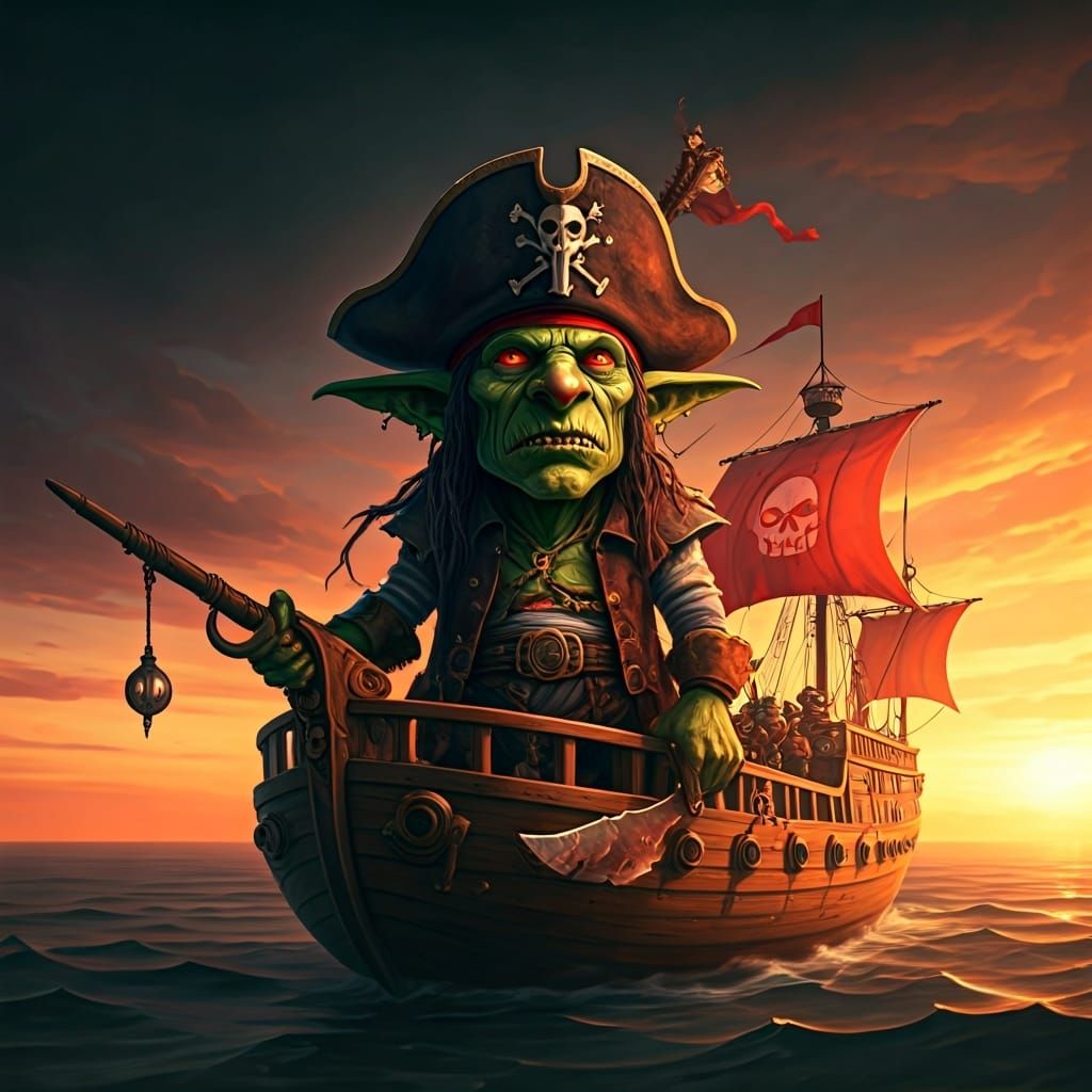 Goblin Pirate Ship with Skull Sails