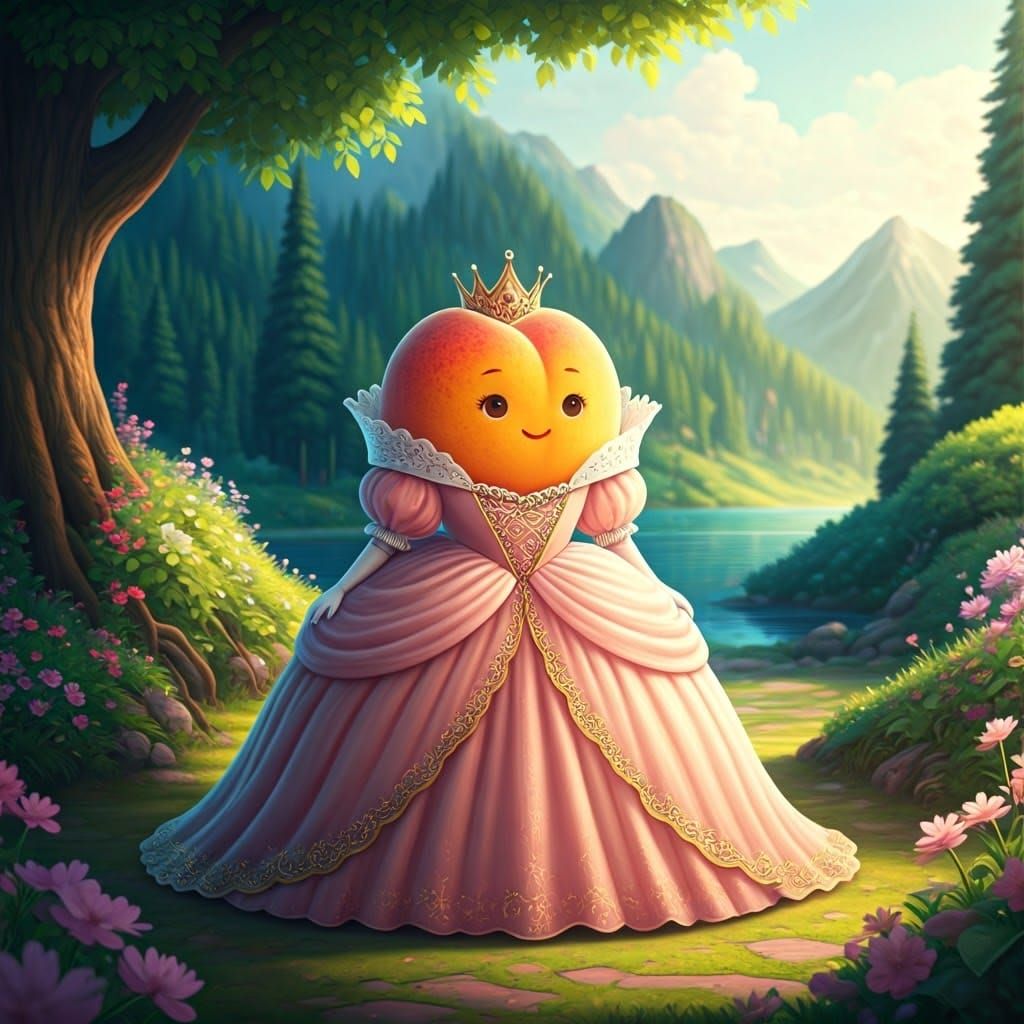 Delicate Peach Princess in Vibrant Fantasy Landscape