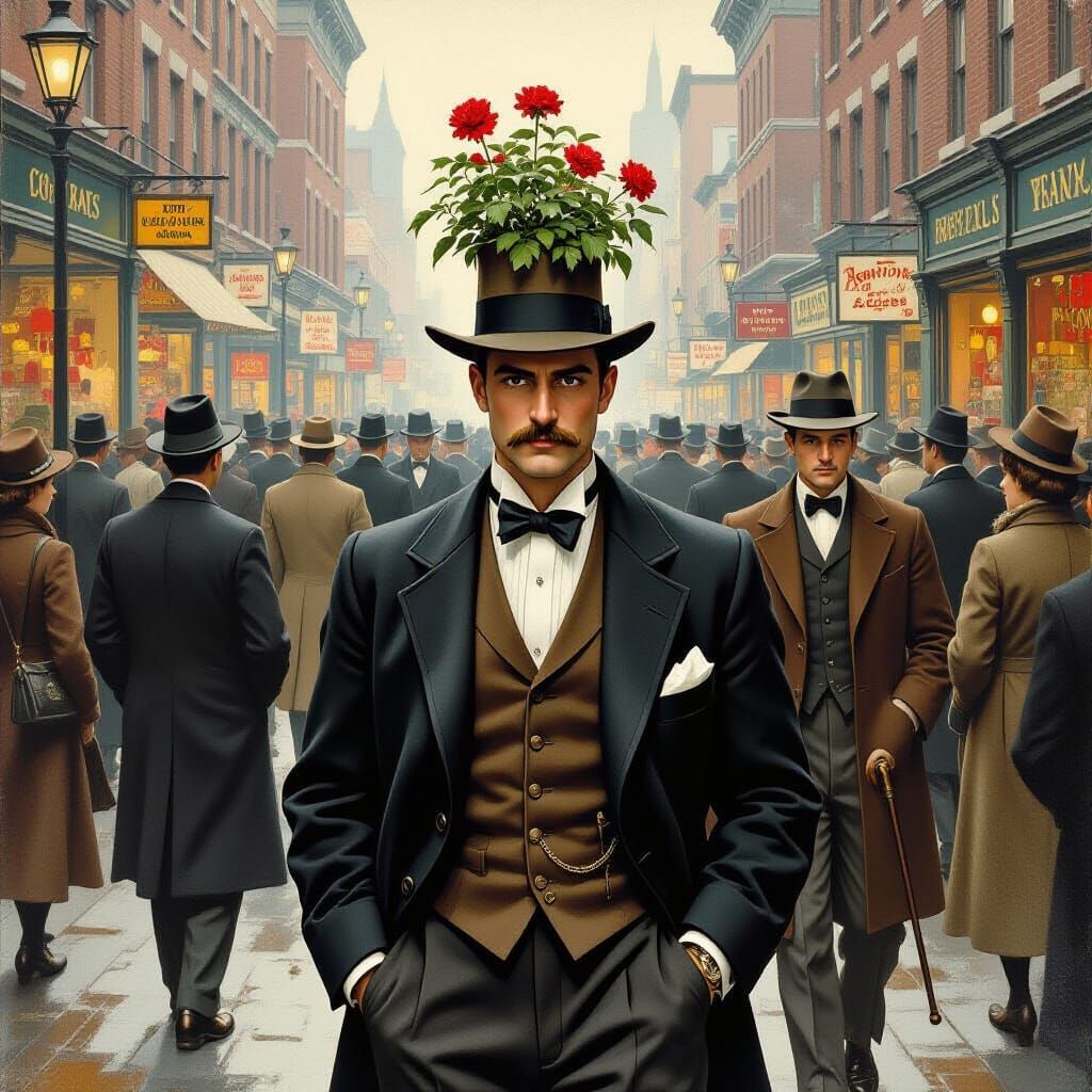 Crowded City Street Scene in Classic Illustration Style