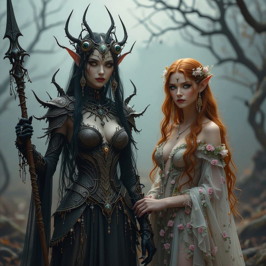 Elven Spider Goddess and Flower Goddess in Dramatic Light