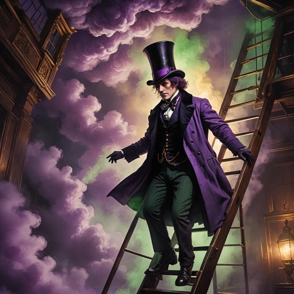 Victorian Gentleman Hesitates Under Ladder, Fantasy Art