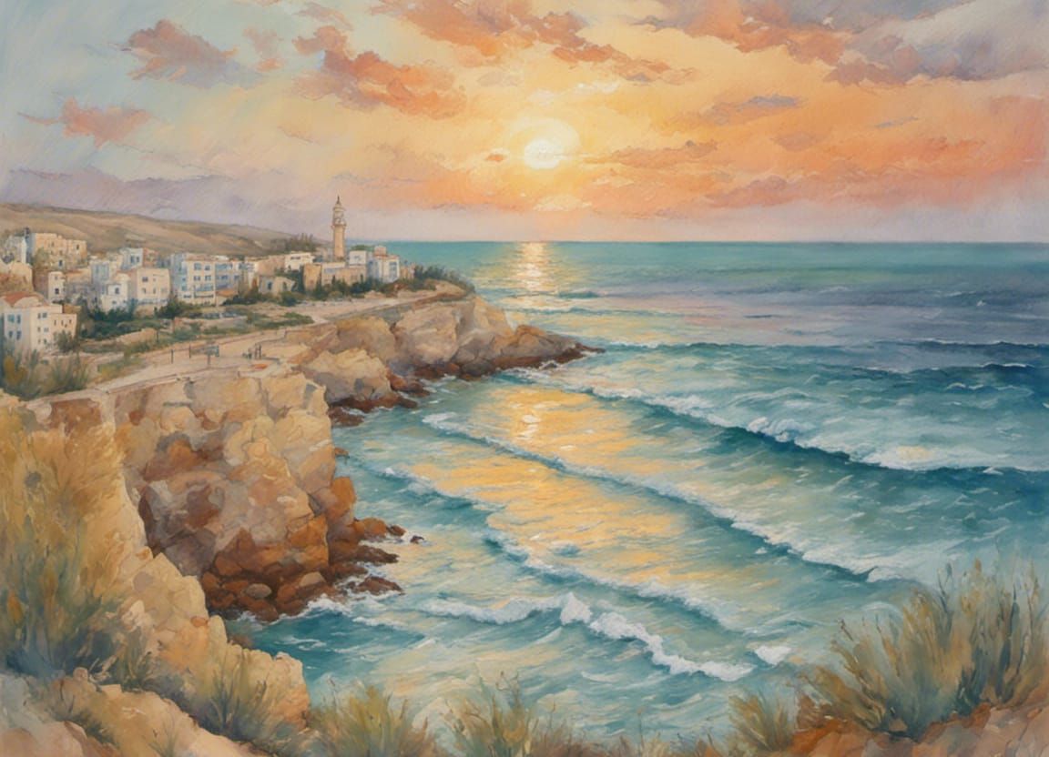 Netanya Coast Sunset in Neoimpressionist Style