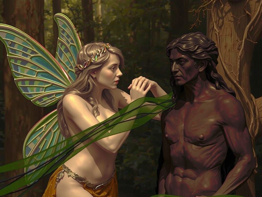 Ethereal Fairy and Ancient Statue in Mystical Forest