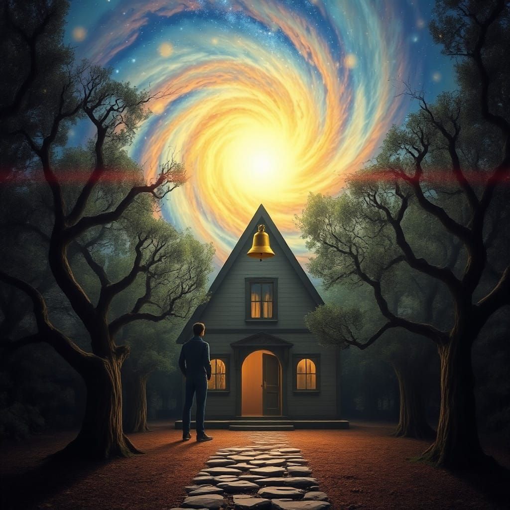 Ancient House Amidst Celestial Vortex in Eerie, Gnarled Sple...