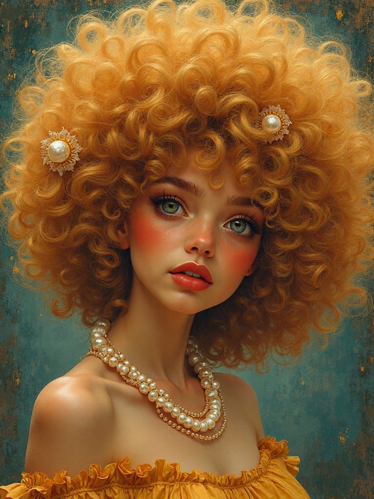 Elegant Woman with Pearl Afro in Art Nouveau Style