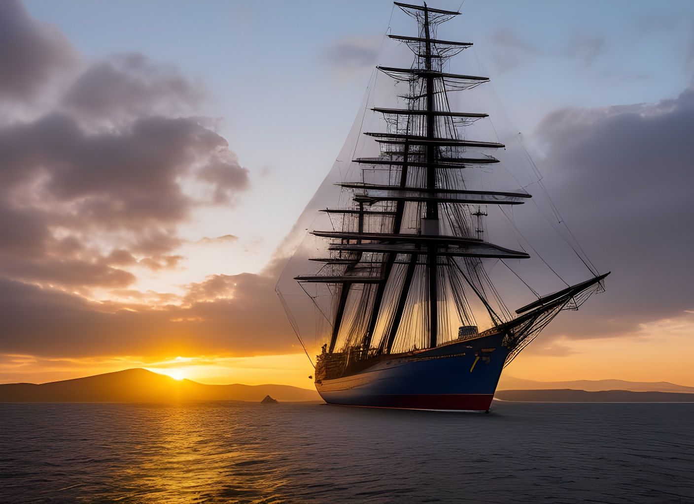 Royal Clipper Sails Into Sunset: Cinematic Digital Art