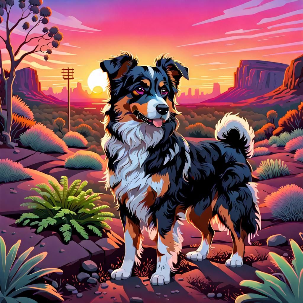 Realistic Cartoon Australian Shepherd with Neon Sunset