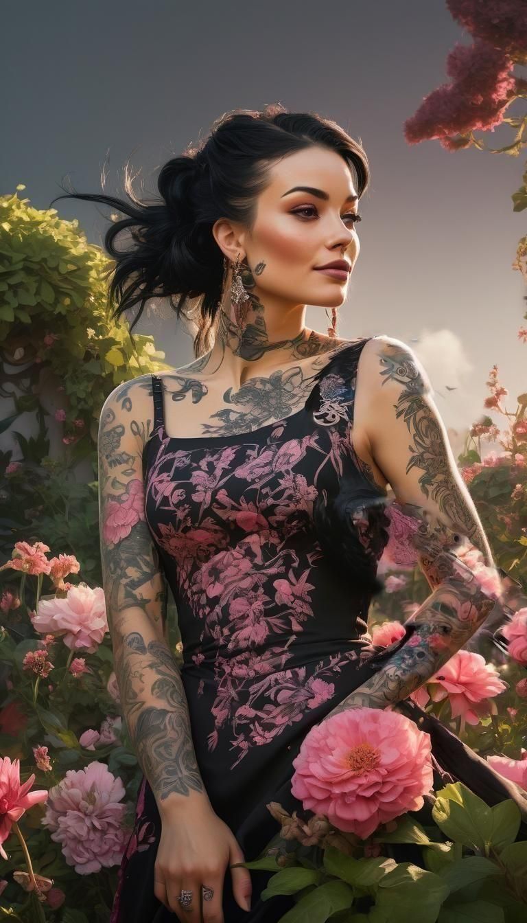 Smiling Pirate Girl with Raven and Tattoos