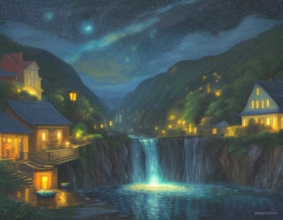 Village by Majestic Waterfall at Night