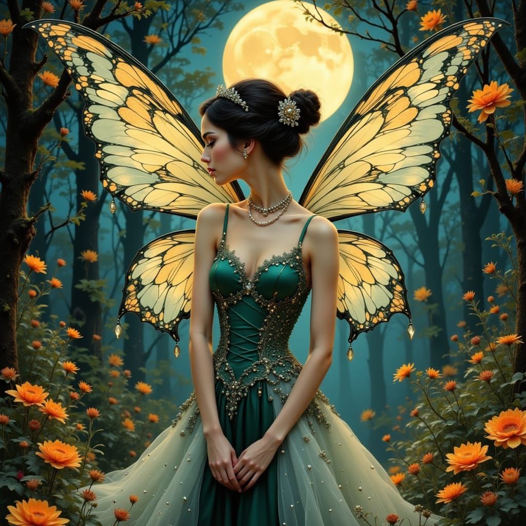 Glamorous Fairy in Art Nouveau Forest