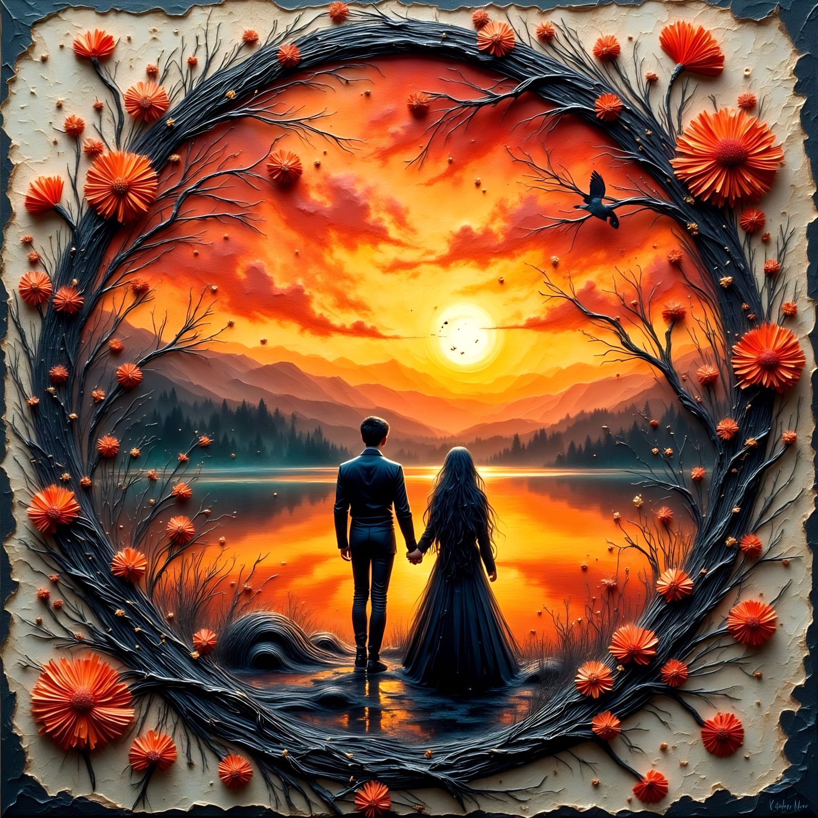 Couple Silhouettes Embrace at Fiery Sunset Over Kashmir Lake