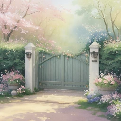 Whimsical Watercolor Gate with Delicate Flowers