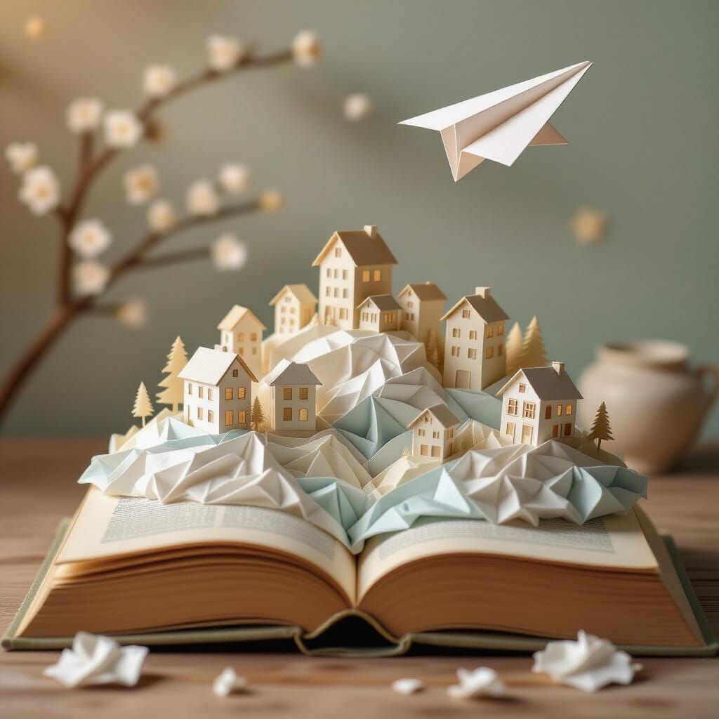 Origami Cityscape on Old Book with Paper Airplane