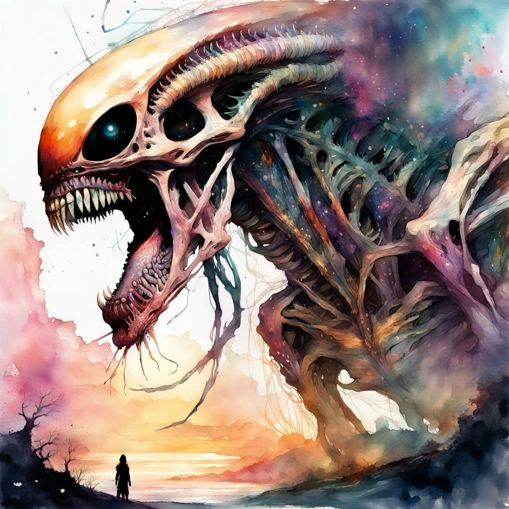 Watercolor Alien Xenomorph in Deep Space