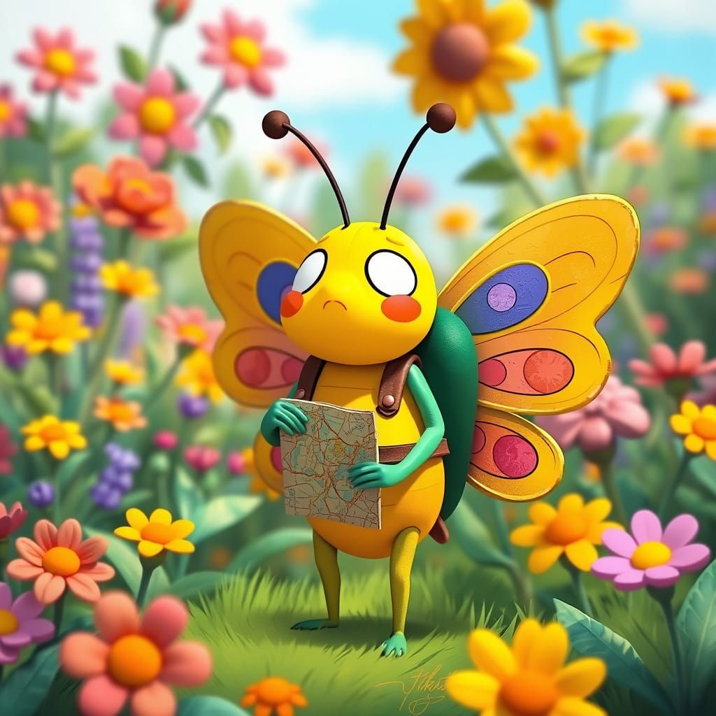 Perplexed Butterfly in Whimsical Garden, Cartoon Style