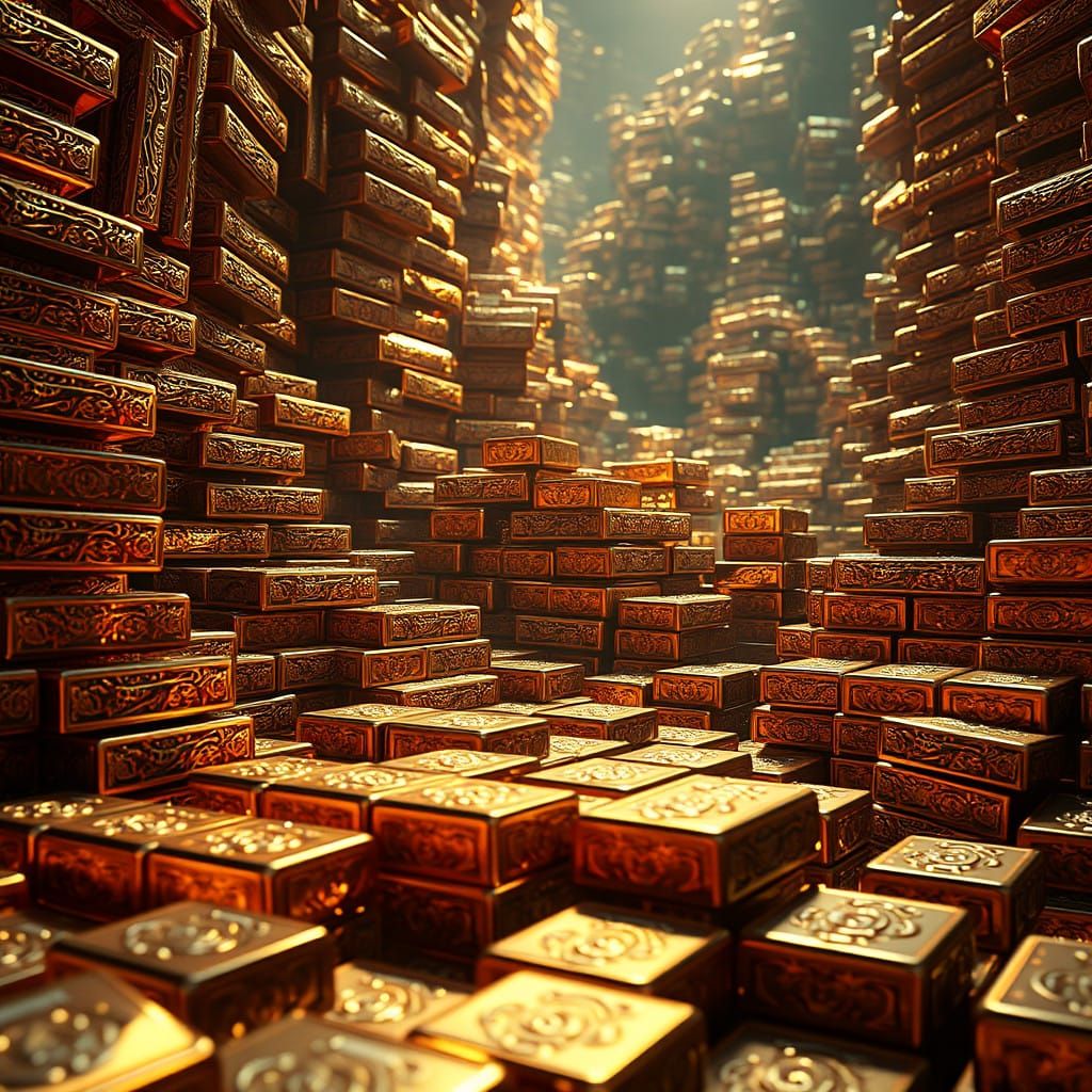 Golden Fantasy Landscape with Intricate Filigree and Sunset...