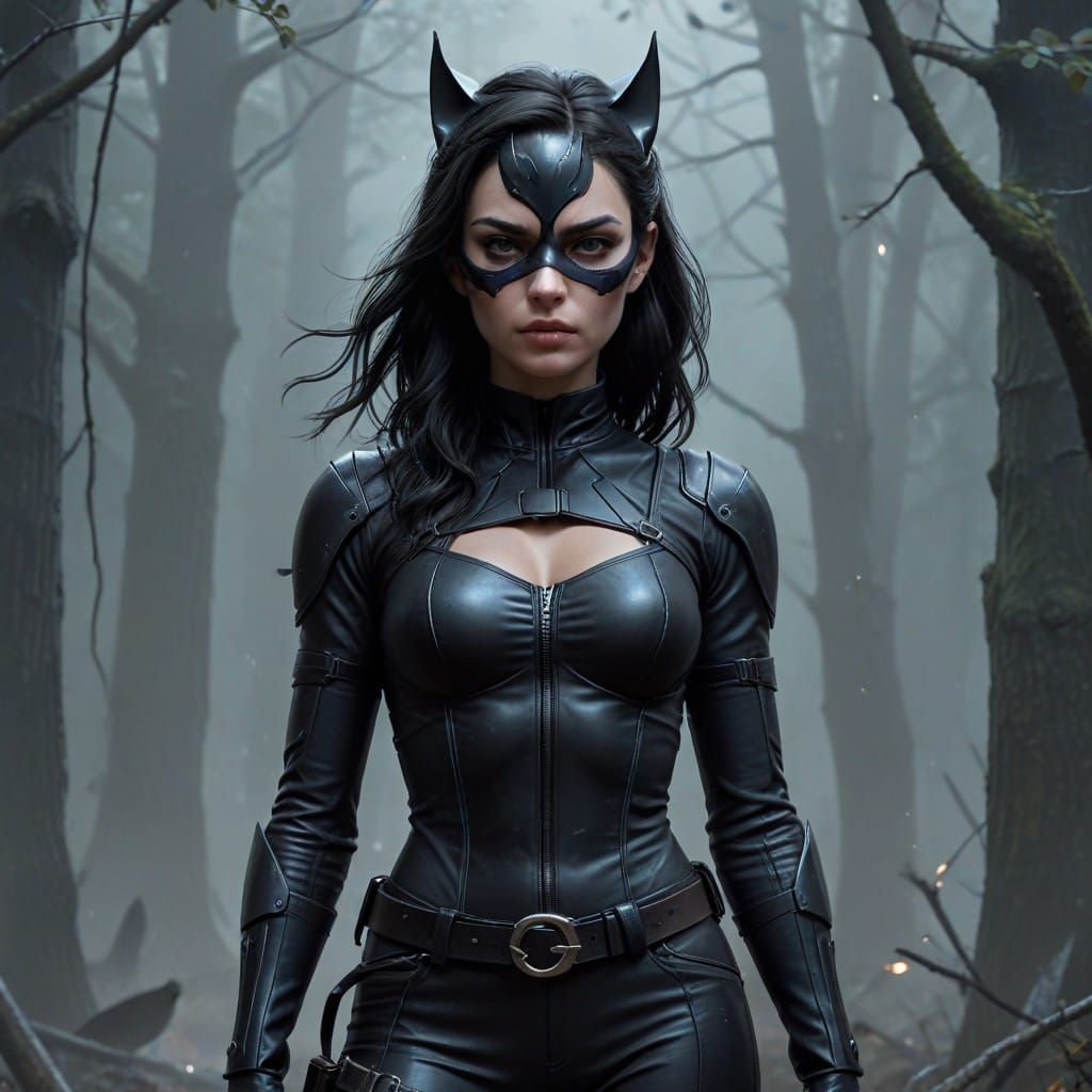 Confident Catwoman-Inspired Female Character in Realistic Co...