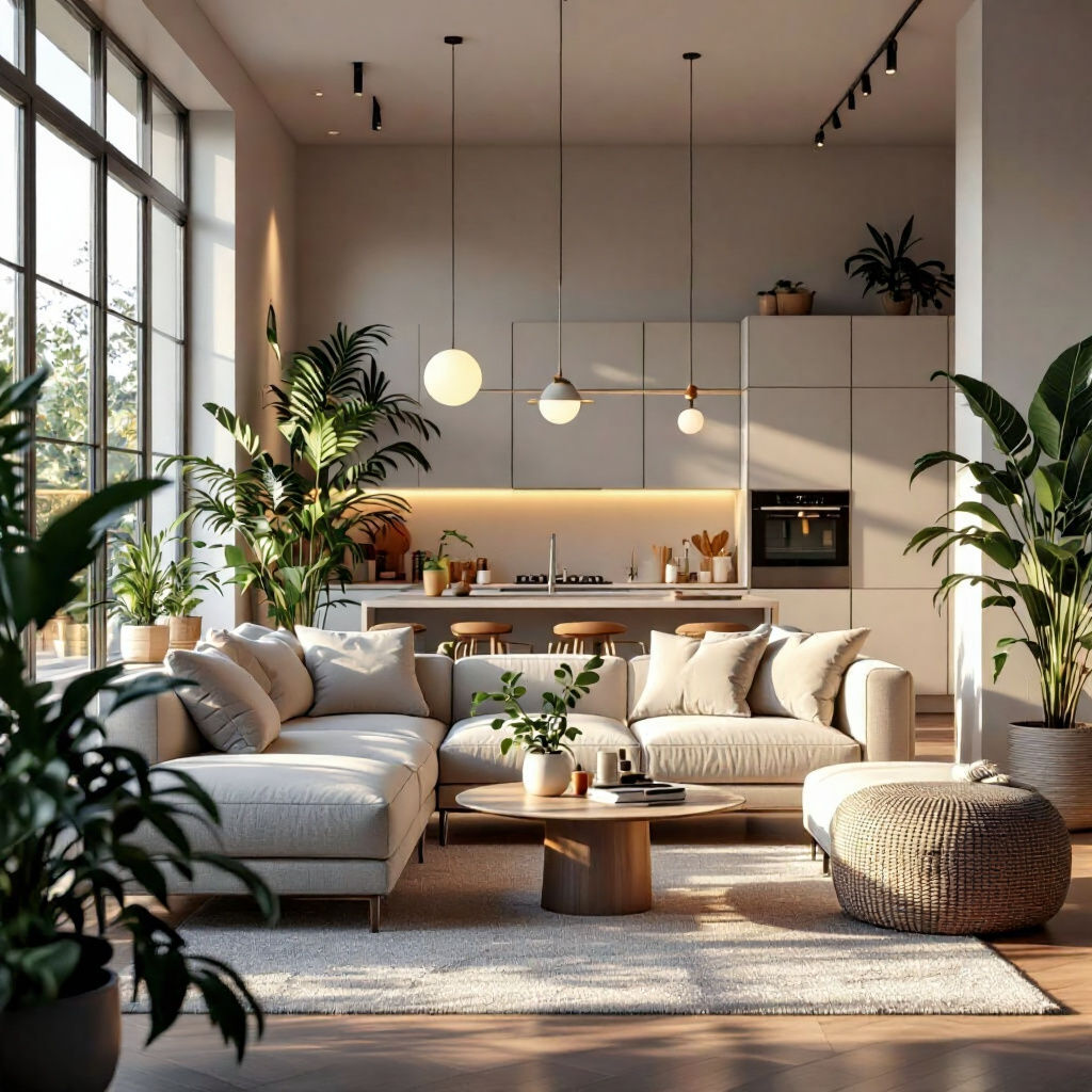 Modern Living Room with Open Kitchen: Cinematic Film Still