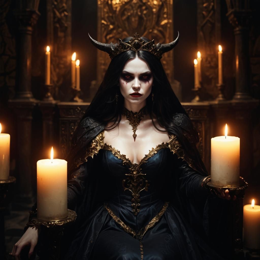 Regal Demon Queen in Gothic Crypt Painting