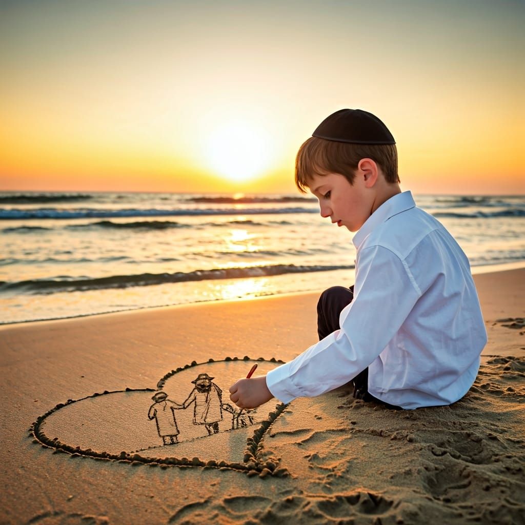 Boy Draws Heart in Sand: Nostalgic Beach Scene