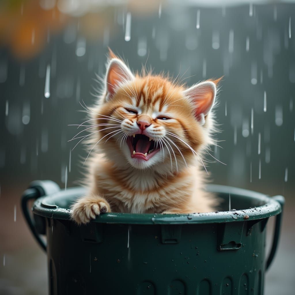 Cute Kitten in the Rain Behind a Trash Can