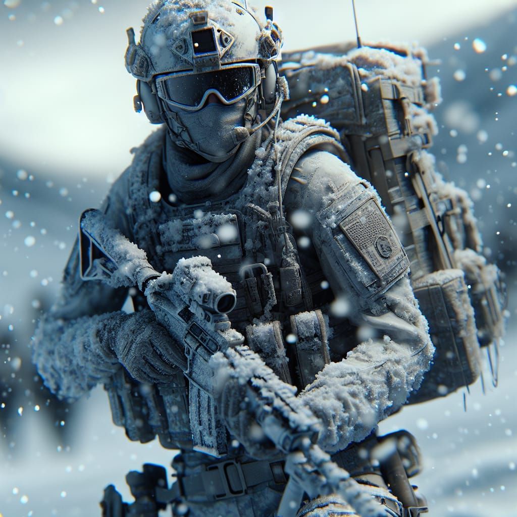 Female Soldier in Snowy Landscape, Hyper-Realistic 8K
