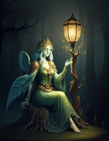 Ornate Mythological Lamp on Gnarled Tree Branch