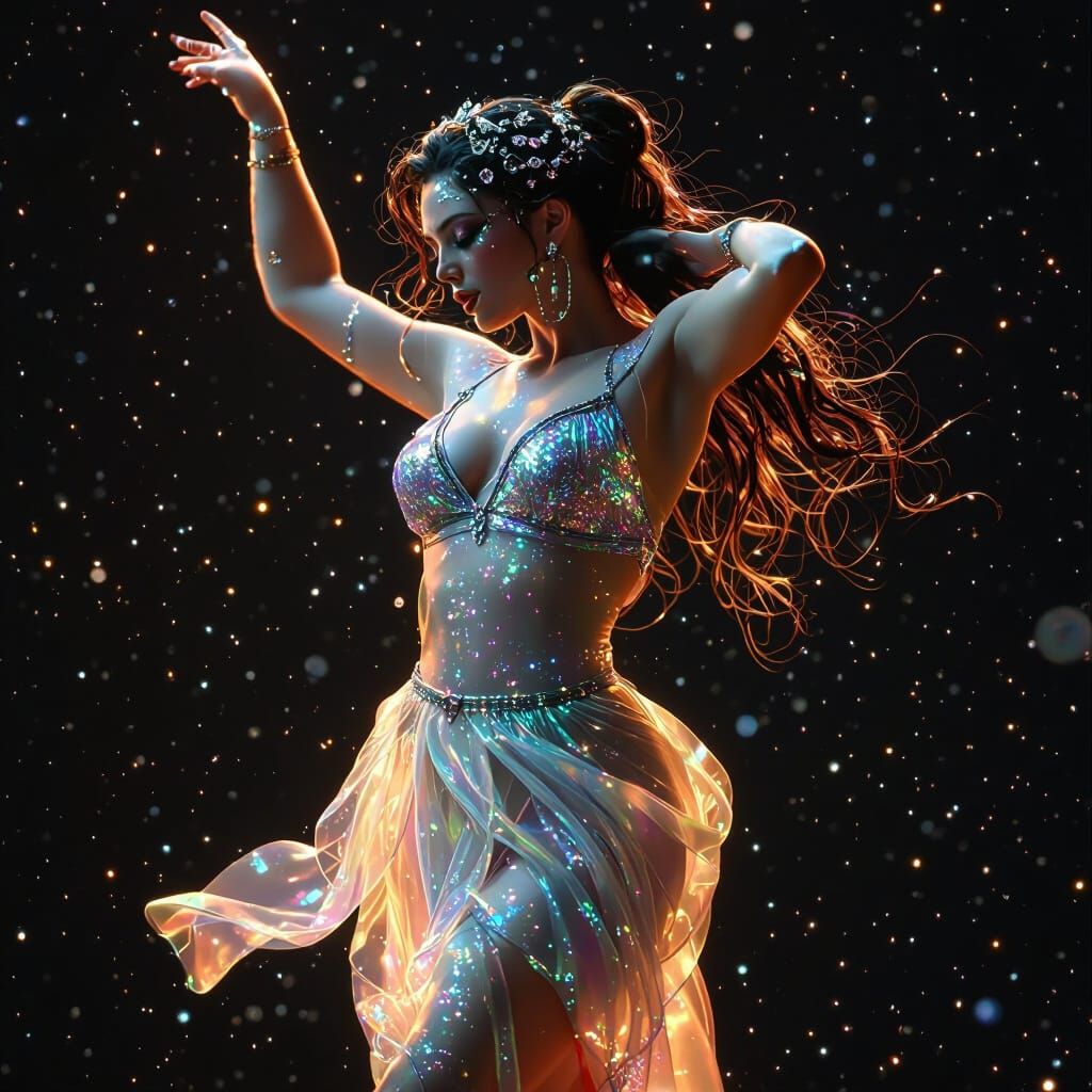 Celestial Woman in Iridescent Gown with Stardust
