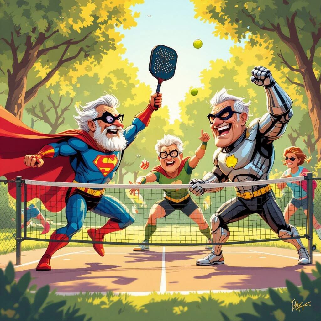 Retired Superheroes Play Pickleball in Sunny Park