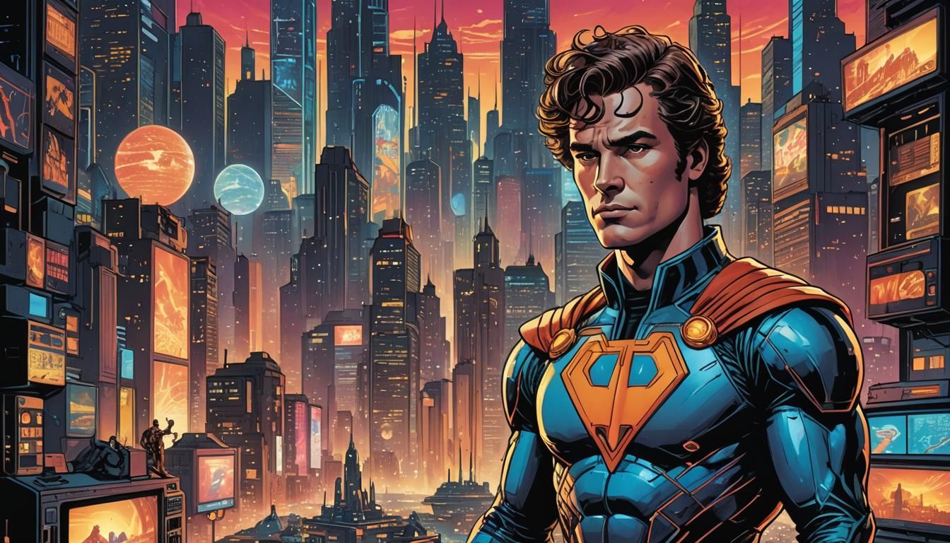Retro Sci-Fi Superhero in Neon Metropolis