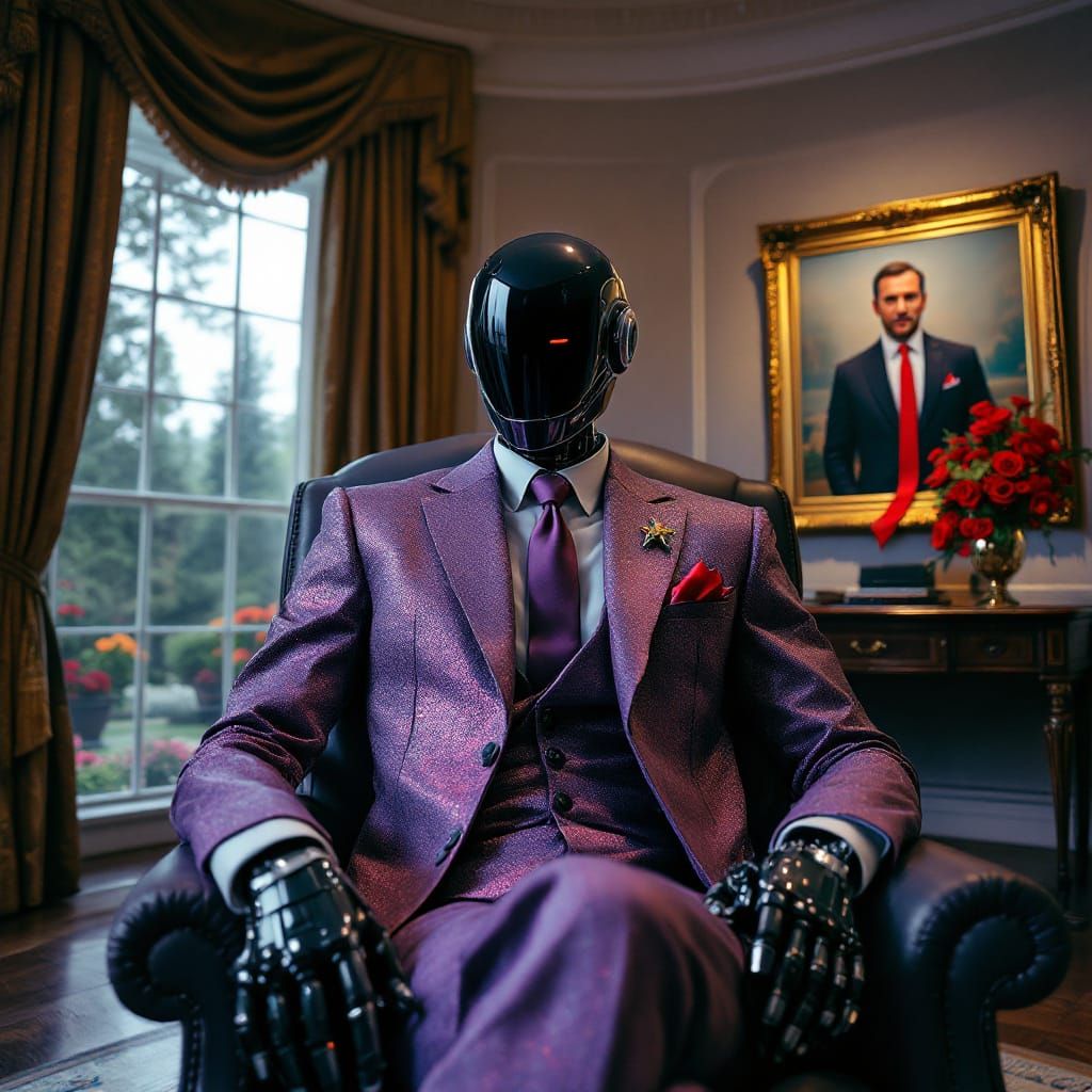 Robot in Purple Suit Sits in Oval Office Chair