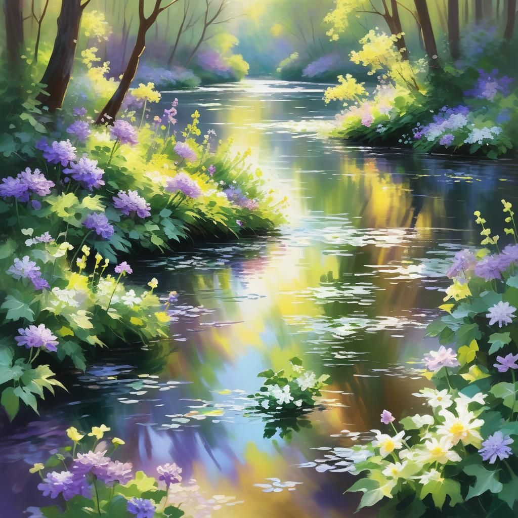 Spring Flowers Bloom in Impressionist Forest River