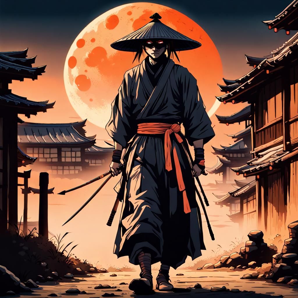 Shinobi Warrior Silhouette in Medieval Japanese Village