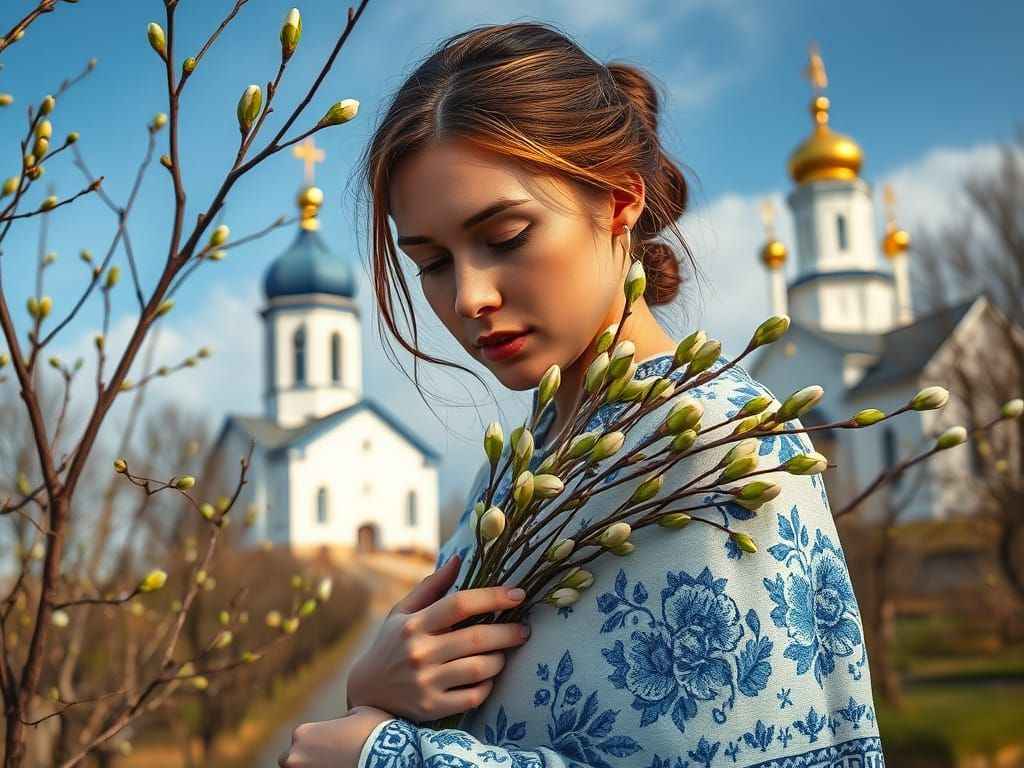 Serene Spring Beauty in Gzhel Embroidery Style