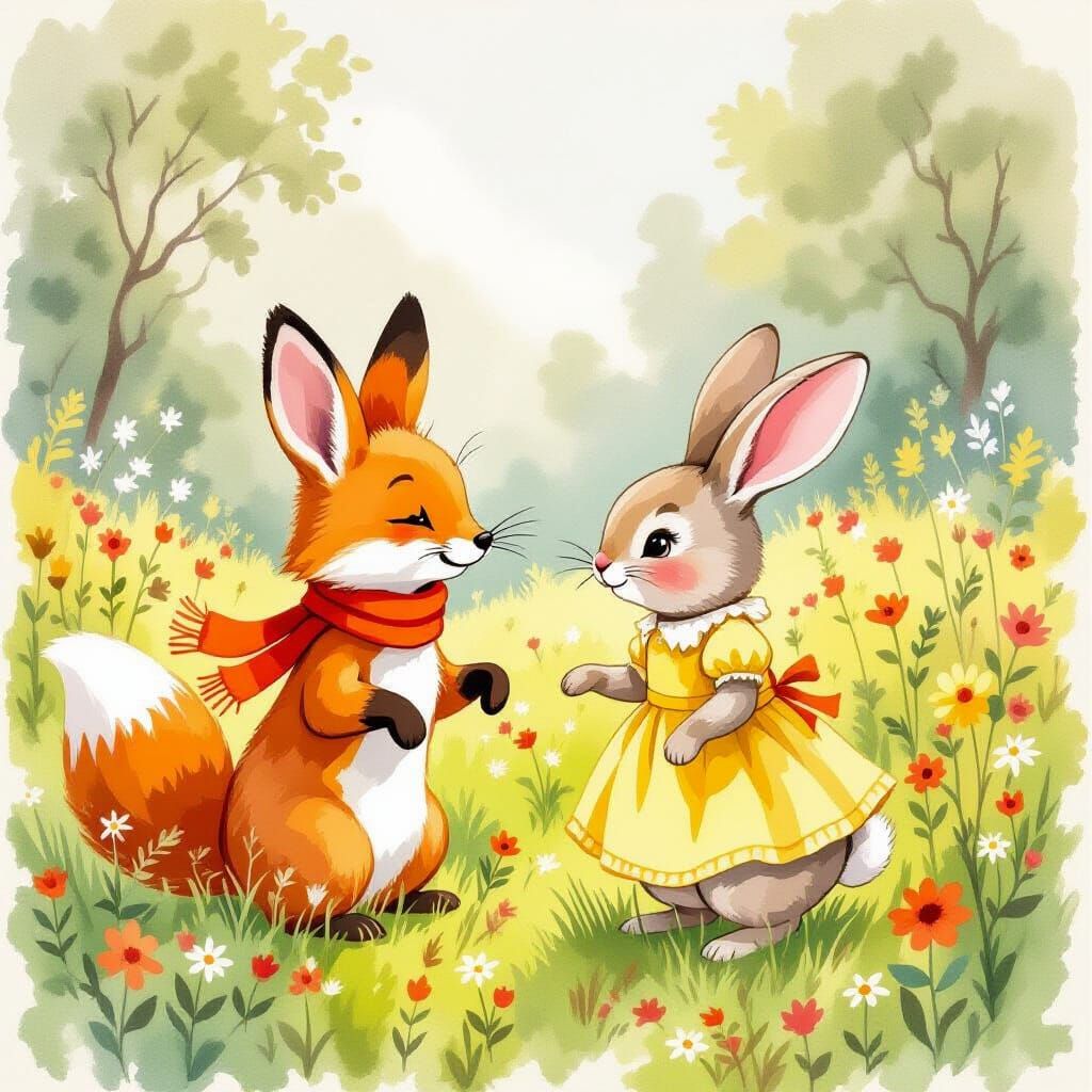 Whimsical Fox and Rabbit in Meadow, Watercolor Style