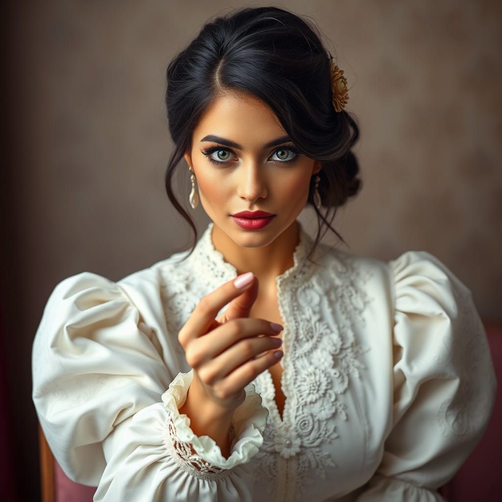 Elegant Woman in Luxurious White Blouse with Delicate Flower...