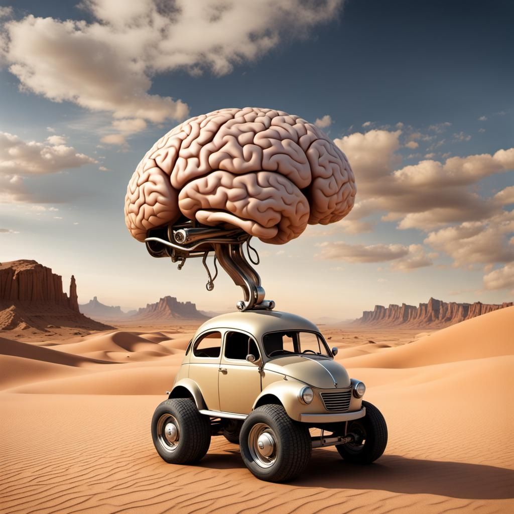 Surreal Brain-Car in Desert Landscape Photo